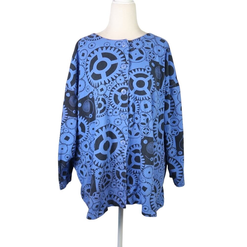 Vintage 90s Cotton & Company Blue and Black Gear Print Cardigan Sweater